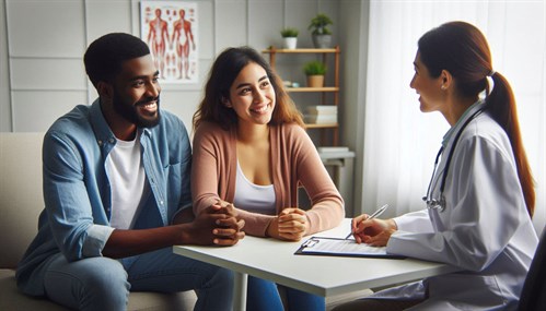 Realistic Photo Of A Couple Talking To A Doctor